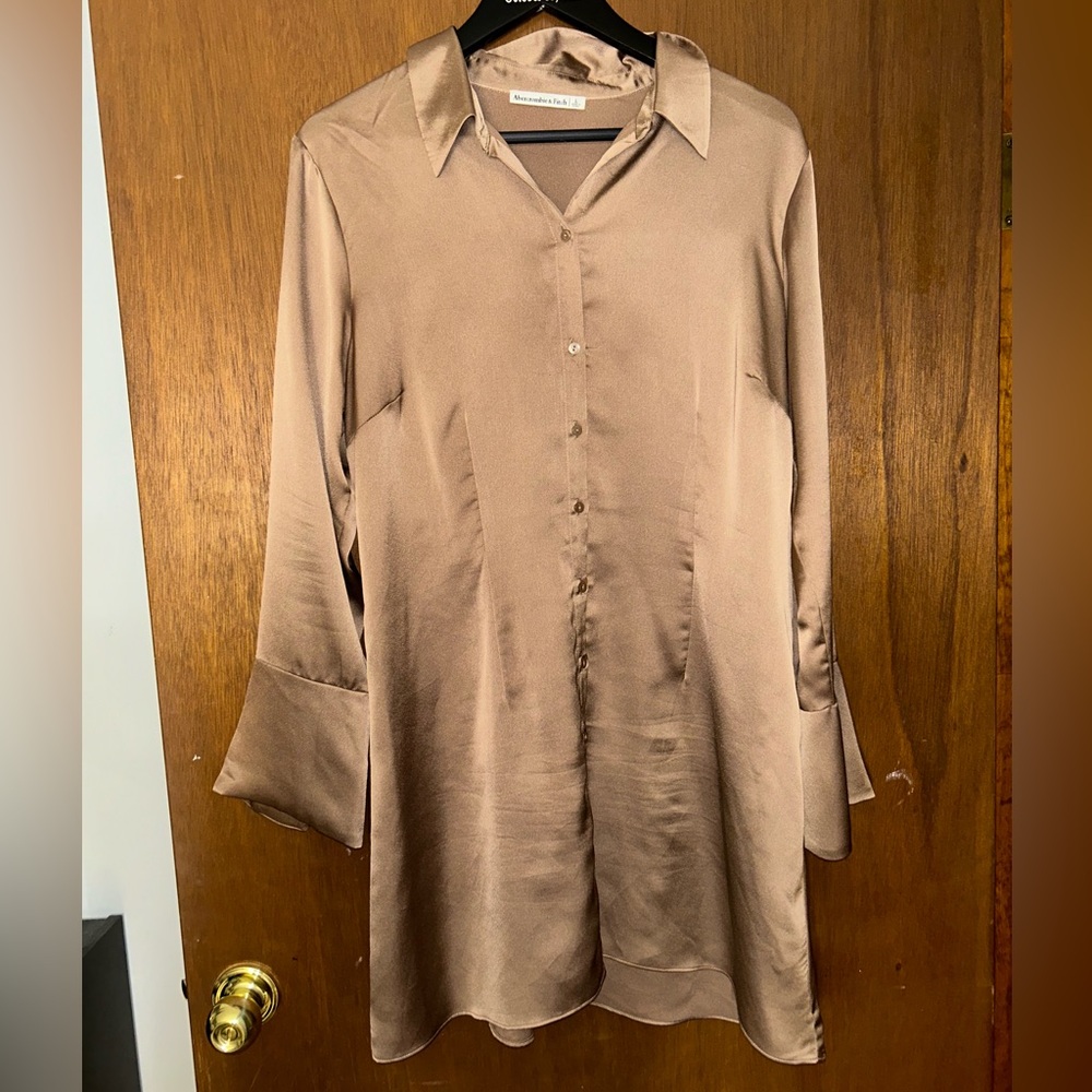 Abercrombie & Fitch Brown Split-Cuff Satin Shirt Dress